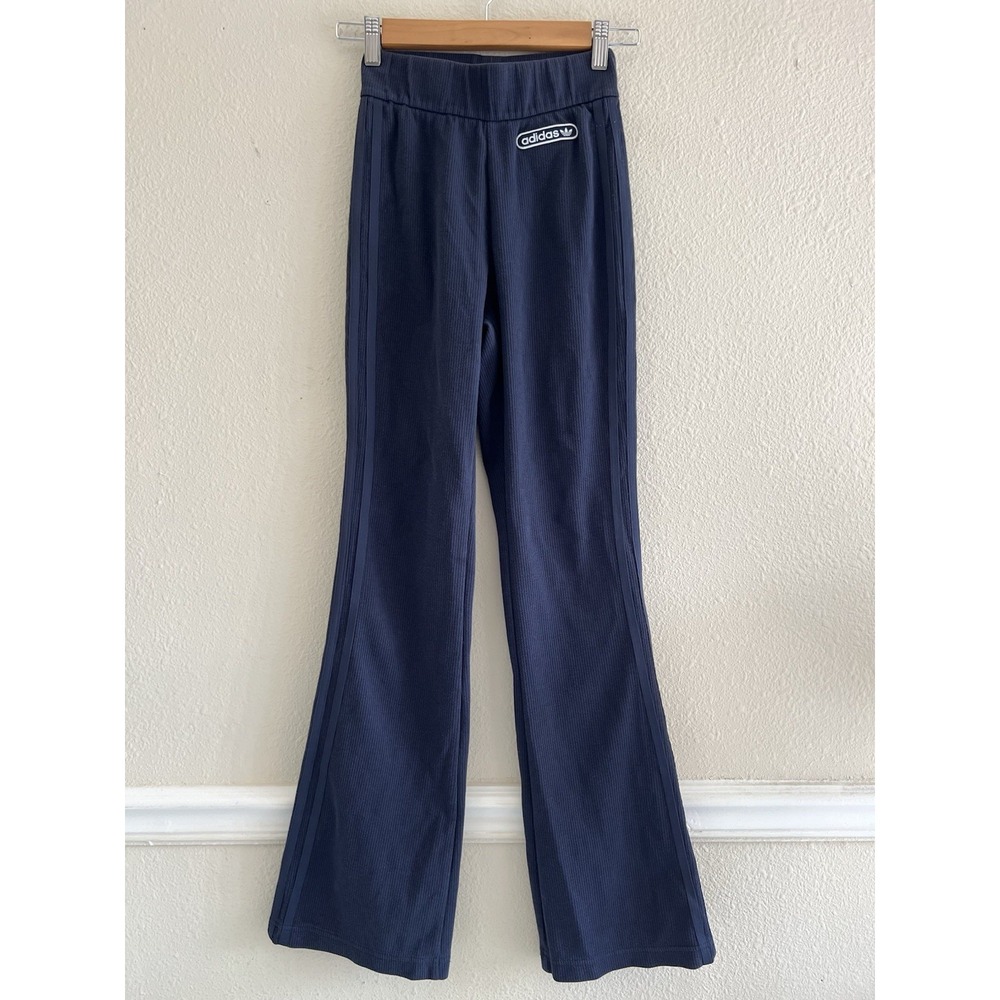 Adidas Originals Womens XS Navy Blue Ribbed Flare Leg Track Pants 3 Stripes